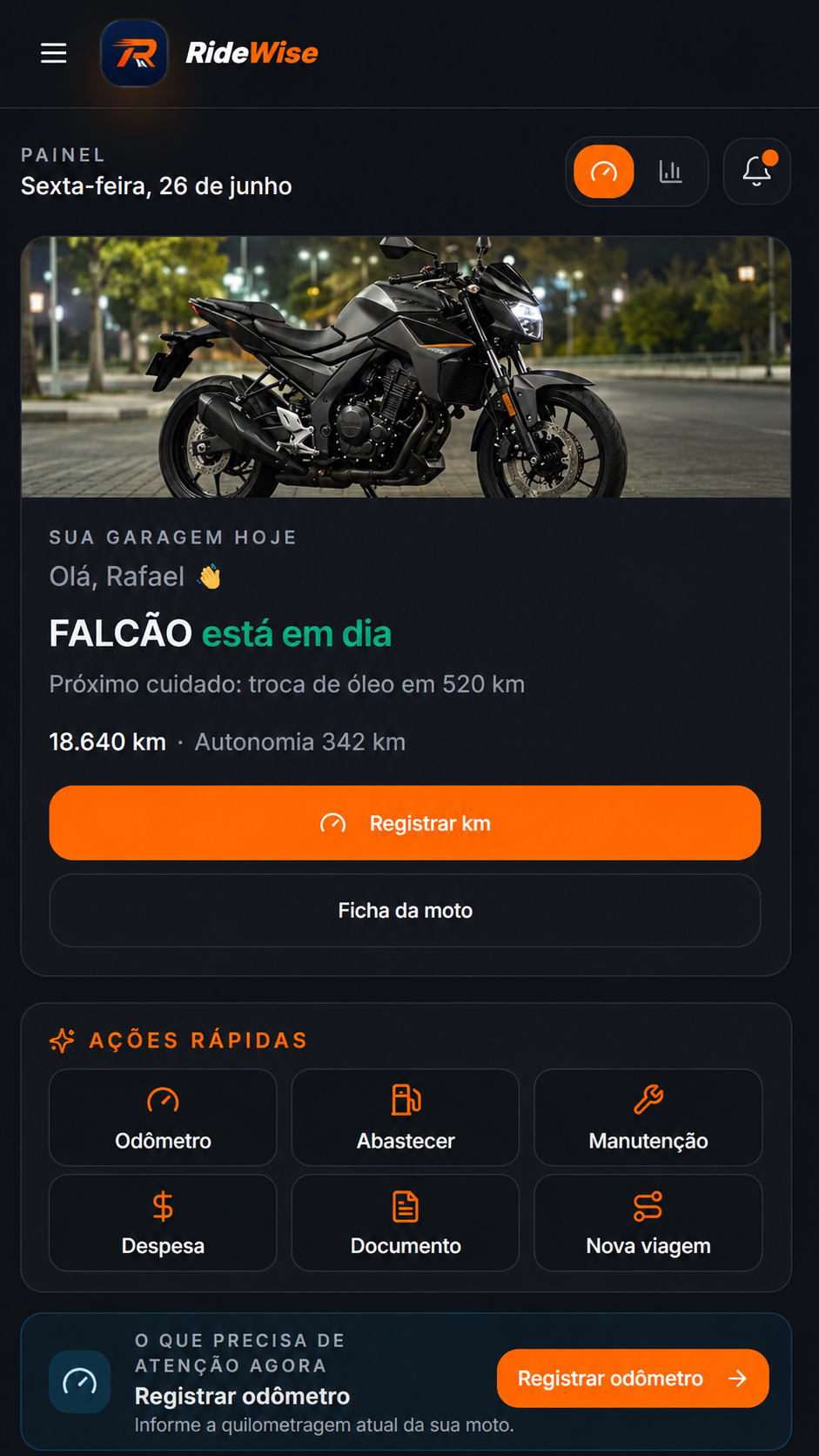 Tela mobile do RideWise com garagem da moto e ações rápidas