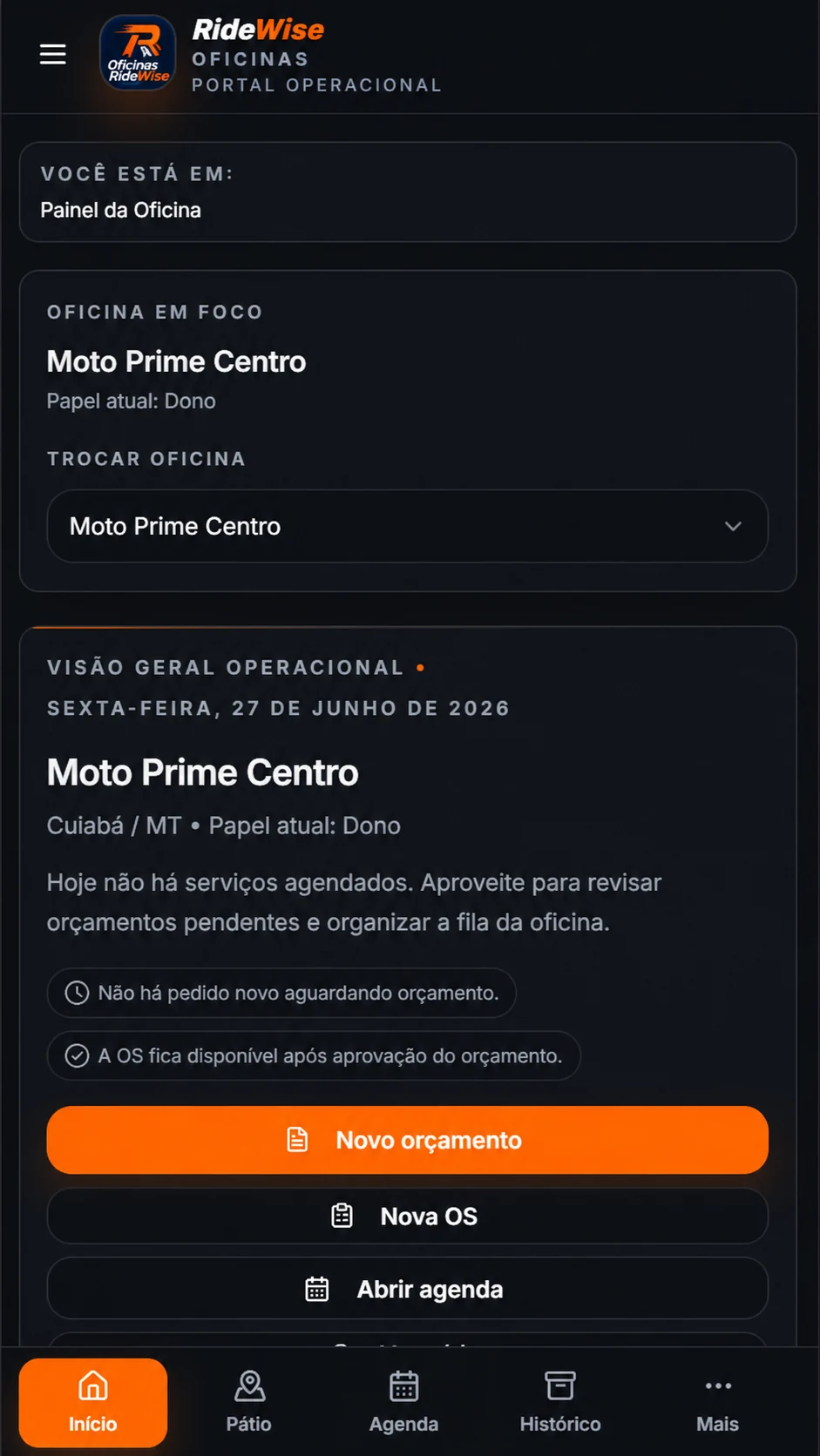 Portal da oficina no celular, com início, pátio, agenda e histórico